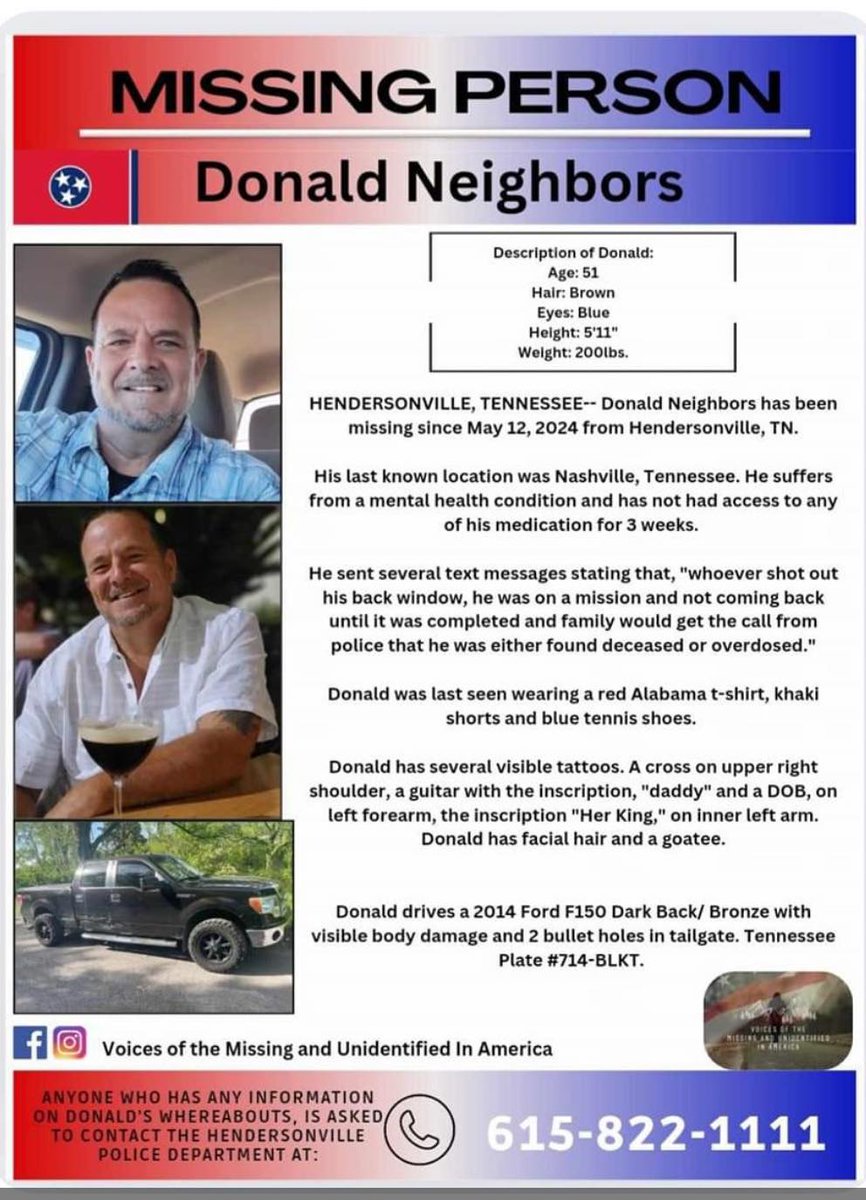 CrimeNJusticeYT's tweet photo. #MissingTennessee Donald Neighbors missing since May 12, 2024 from #HendersonvilleTN may be in #NashvilleTN please #Repost https://t.co/FFVrcATjEb