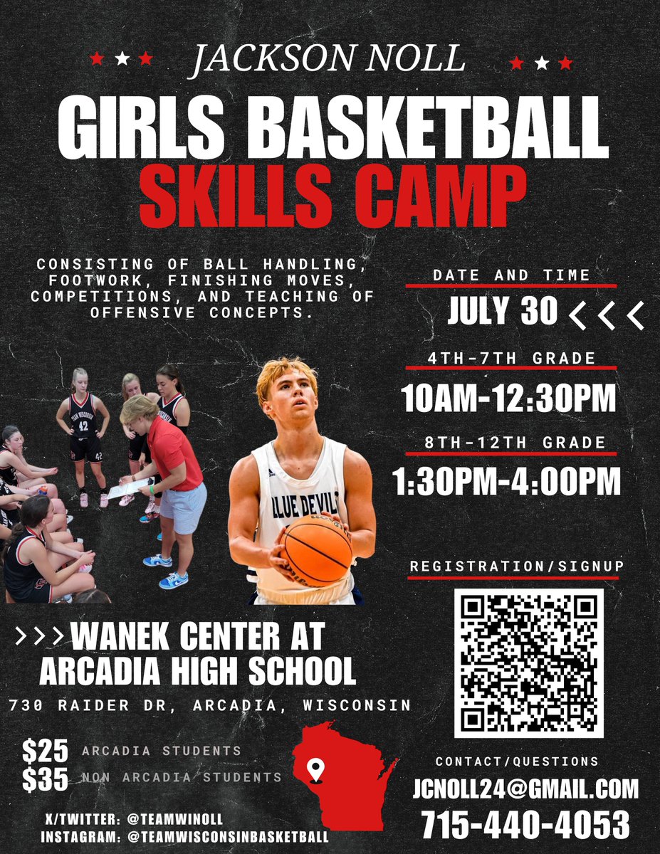 I will be running a one-day girls basketball camp July 30th at the Wanek Center in Arcadia, WI. 

It is going to be a great camp focused on offensive skills, while also teaching offensive concepts. Grades 4th-12th.

Sign up before it reaches capacity!
forms.gle/RmMyvyBLBoMrxg…
