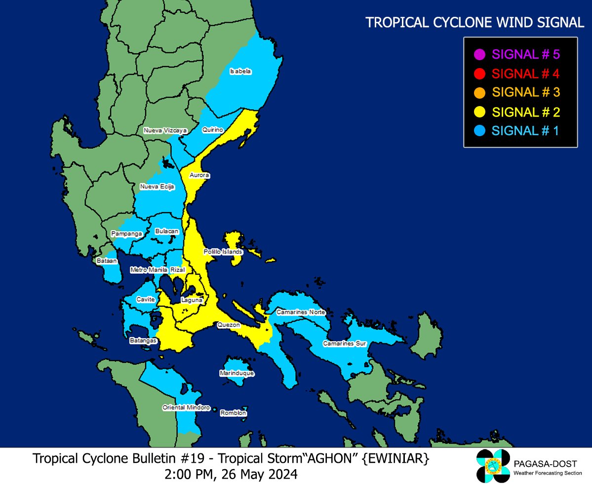 dost_pagasa's tweet photo. 𝐓𝐑𝐎𝐏𝐈𝐂𝐀𝐋 𝐂𝐘𝐂𝐋𝐎𝐍𝐄 𝐁𝐔𝐋𝐋𝐄𝐓𝐈𝐍 𝐍𝐑. 𝟏𝟗
𝐓𝐫𝐨𝐩𝐢𝐜𝐚𝐥 𝐒𝐭𝐨𝐫𝐦 #AghonPH (𝐄𝐖𝐈𝐍𝐈𝐀𝐑)
Issued at 2:00 PM, 26 May 2024
Valid for broadcast until the next bulletin at 5:00 PM today.

 “𝐀𝐆𝐇𝐎𝐍” 𝐌𝐀𝐈𝐍𝐓𝐀𝐈𝐍𝐒 𝐈𝐓𝐒 𝐒𝐓𝐑𝐄𝐍𝐆𝐓𝐇 𝐀𝐍𝐃 𝐈𝐒 𝐍𝐎𝐖 𝐎𝐕𝐄𝐑 𝐌𝐀𝐔𝐁𝐀𝐍, 𝐐𝐔𝐄𝐙𝐎𝐍.