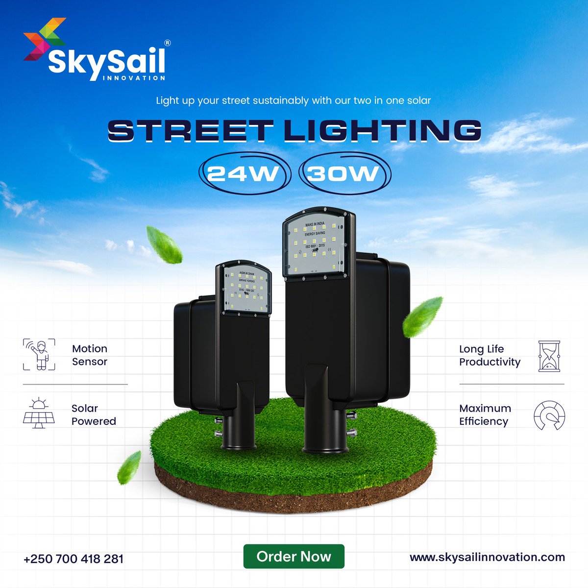 🌟 Light up your street sustainably with SkySail Innovation's two-in-one Solar Street Lighting 24W and 30W! 🌞 Illuminate your community while reducing carbon footprint. Let's brighten the way to a greener future together! 💡 #SkySailInnovation #SolarStreetLighting