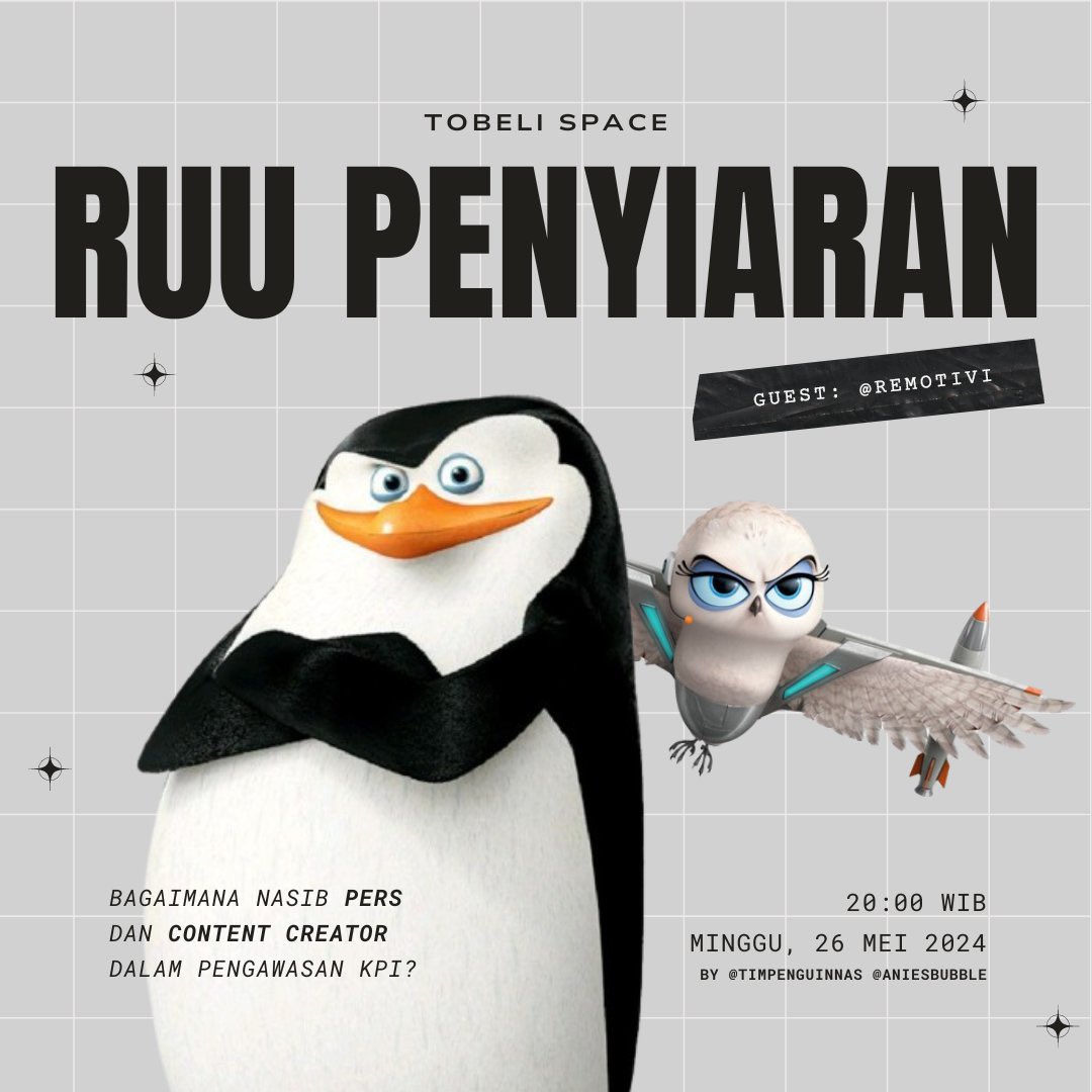 GAESSS NTAR MALEM SPACE SAMA <a href="/aniesbubble/">아니스</a> &amp; <a href="/remotivi/">Remotivi</a> YAHH JAM 20.00 WIB‼️

Mo bahas ttg RUU Penyiaran yg lagi rame, yang pasal-pasalnya mengekang pers &amp; content creator 🥹

*ps: nanti bakal ada Abeks, Eti &amp; ada guest lain kalo jadi join 👀