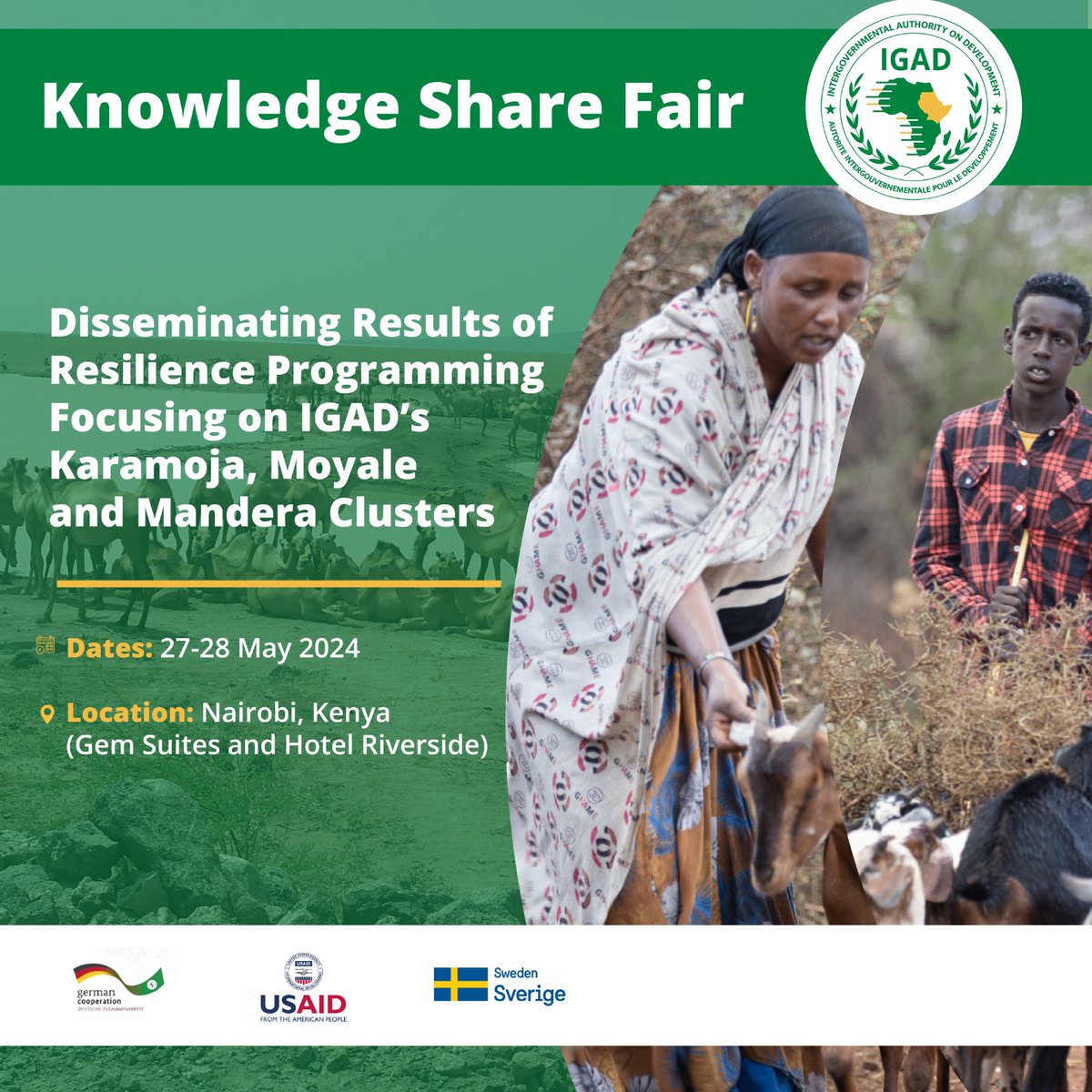 We are set to host a #HoA Regional Knowledge Share Fair featuring several panel sessions covering different thematic areas in line with IGAD’s regional mandate 

#IGADShareFair 
#ResilienceProgramming 
#LivestockValueChain 
#ClimateChangeandPastoralism 
#OneHealth 
#AnimalFeed