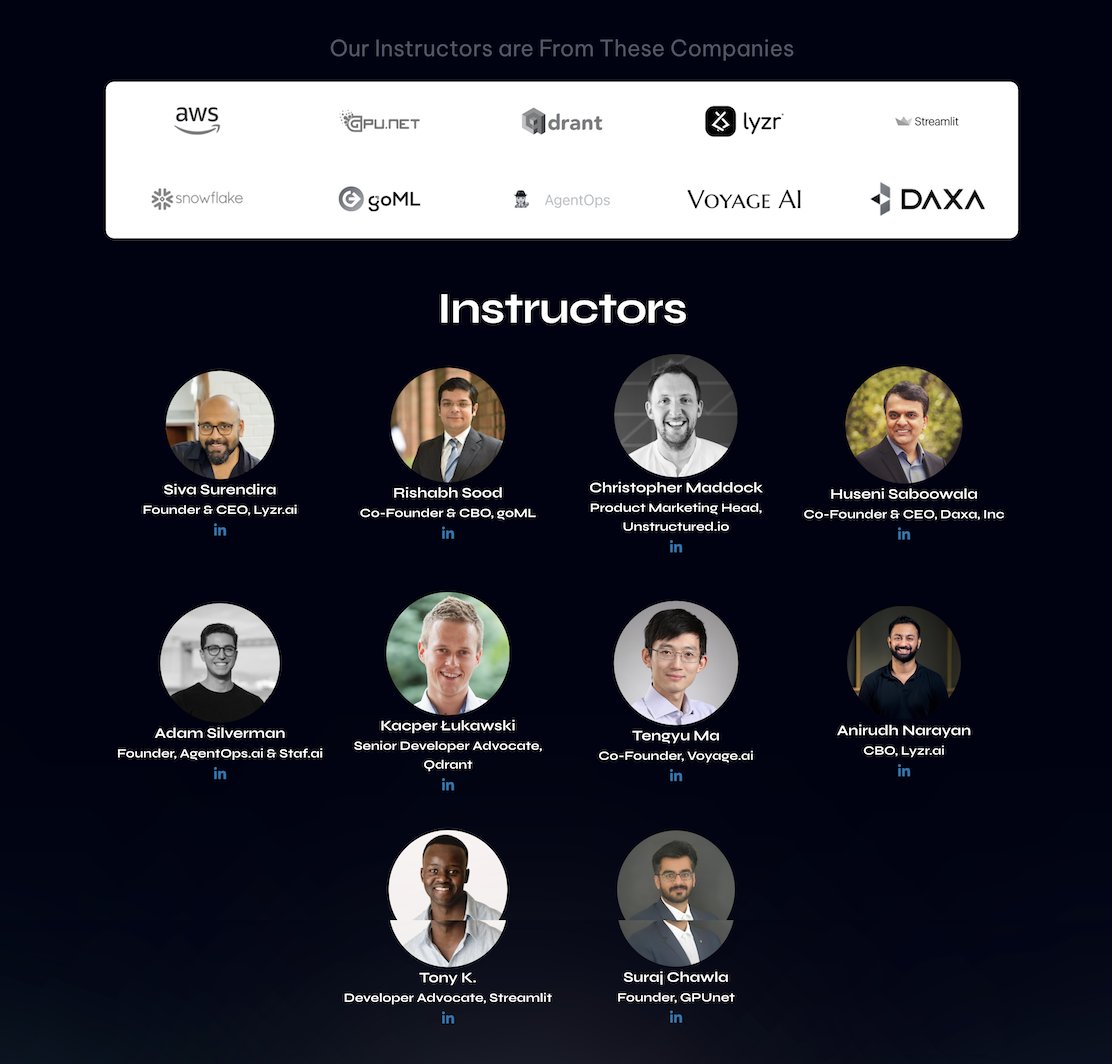 Learn from the Leaders

This course instructors are from top companies: GPU.net, Lyzr AI, Qdrant, Streamlit, Snowflake, Voyage AI, Daxa, Agent Ops and goML.