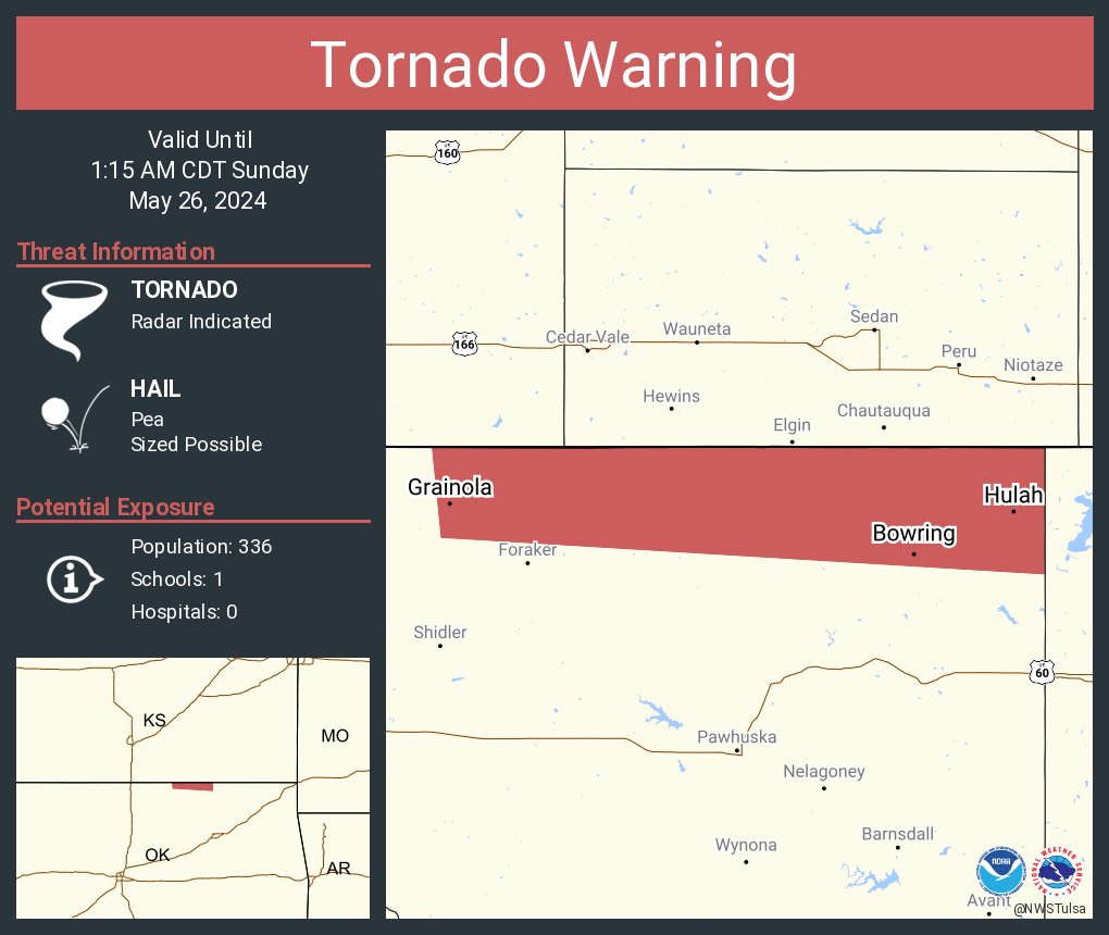 Tornado Warning including Grainola OK, Hulah OK and Bowring OK until 1:15 AM CDT