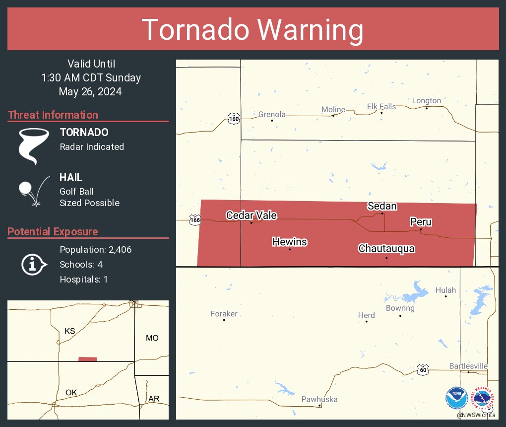 Tornado Warning continues for Sedan KS, Cedar Vale KS and Peru KS until 1:30 AM CDT