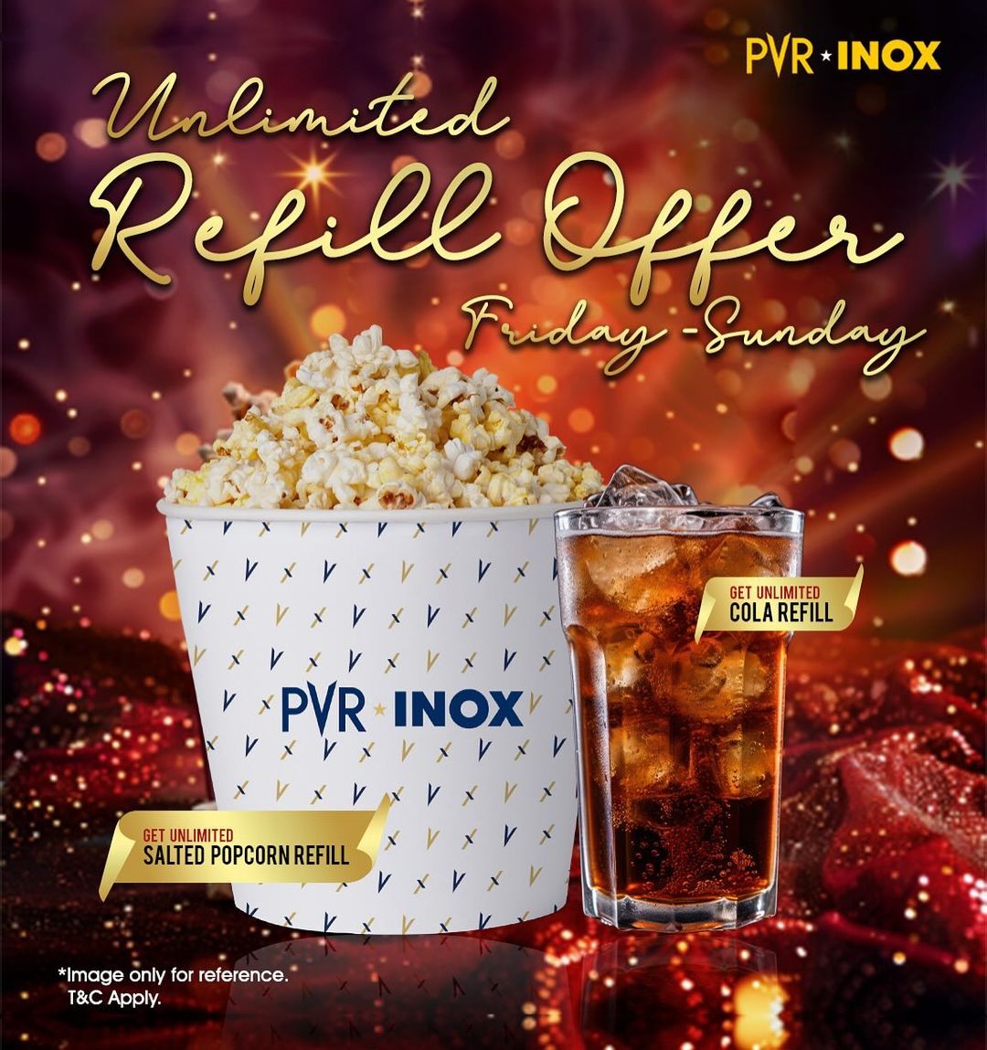Savor every scene with our tasty Unlimited Refill Offer from Friday to Sunday! 🍿🥤Enjoy unlimited salted popcorn and Cola refills on weekends at PVR INOX to keep the excitement going! 🥤🎬

*T&C Apply
.
.
.
#UnlimitedRefillOffer #Tasty #PVRTreats #UnlimitedRefills #Popcorn #Cola
