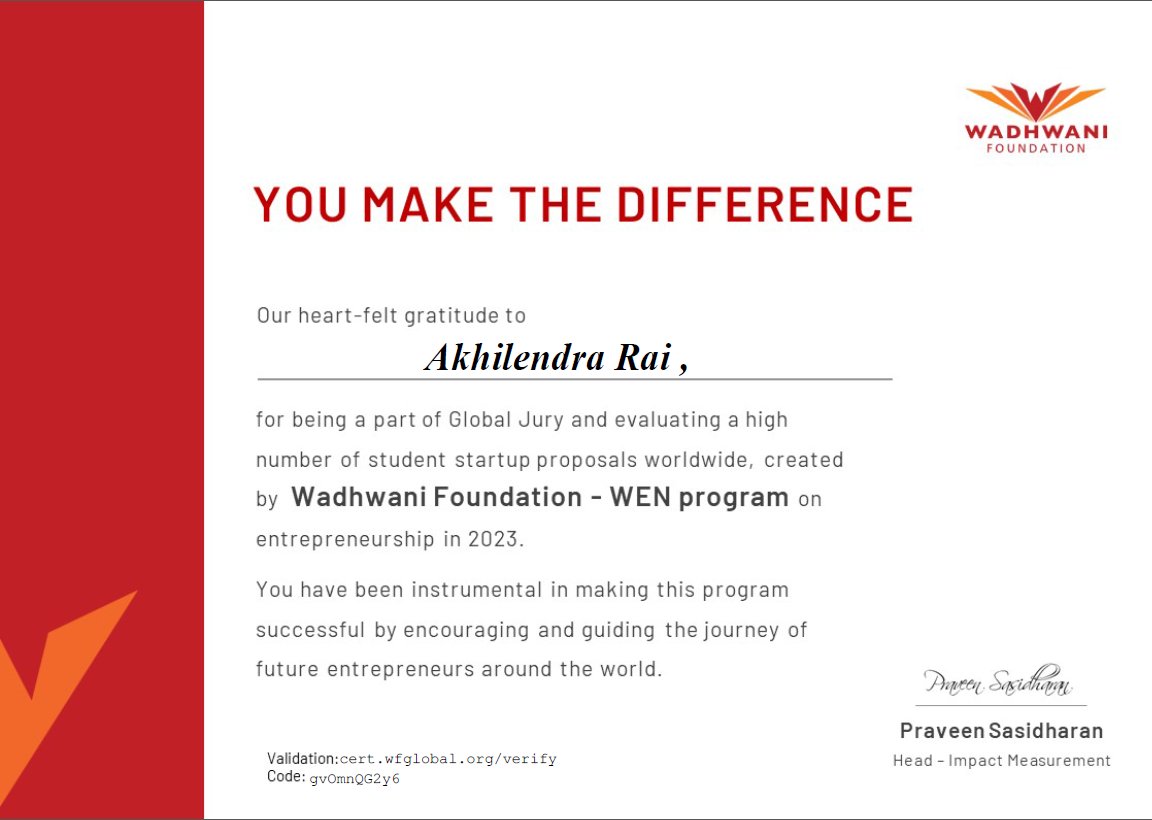 Honored to receive the Global Jury Certificate from @WadhwaniFdn - WEN Program! Grateful for the opportunity to mentor budding entrepreneurs and guide their innovative projects. Here's to supporting future leaders and fostering 

#entrepreneurship #mentorship #innovations  #MP