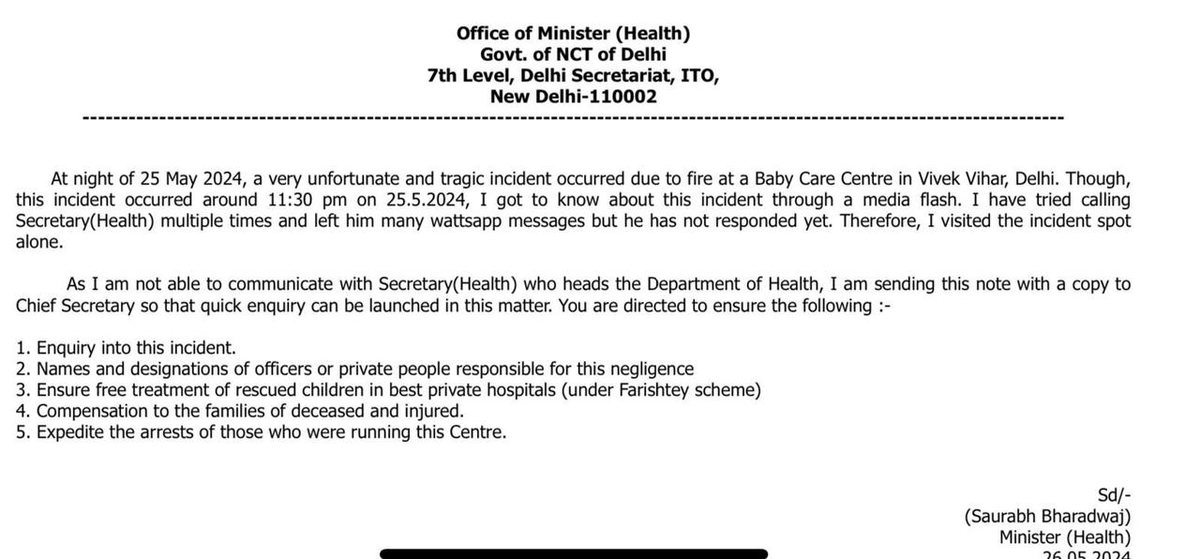 Delhi Health Minister Saurabh Bharadwaj sends directions to Health Secretary Deepak Kumar and Chief Secretary Naresh Kumar in the Vivek Vihar fire incident. Delhi Health Minister directs for speedy enquiry into the incident, and to provide the names and designations of officers