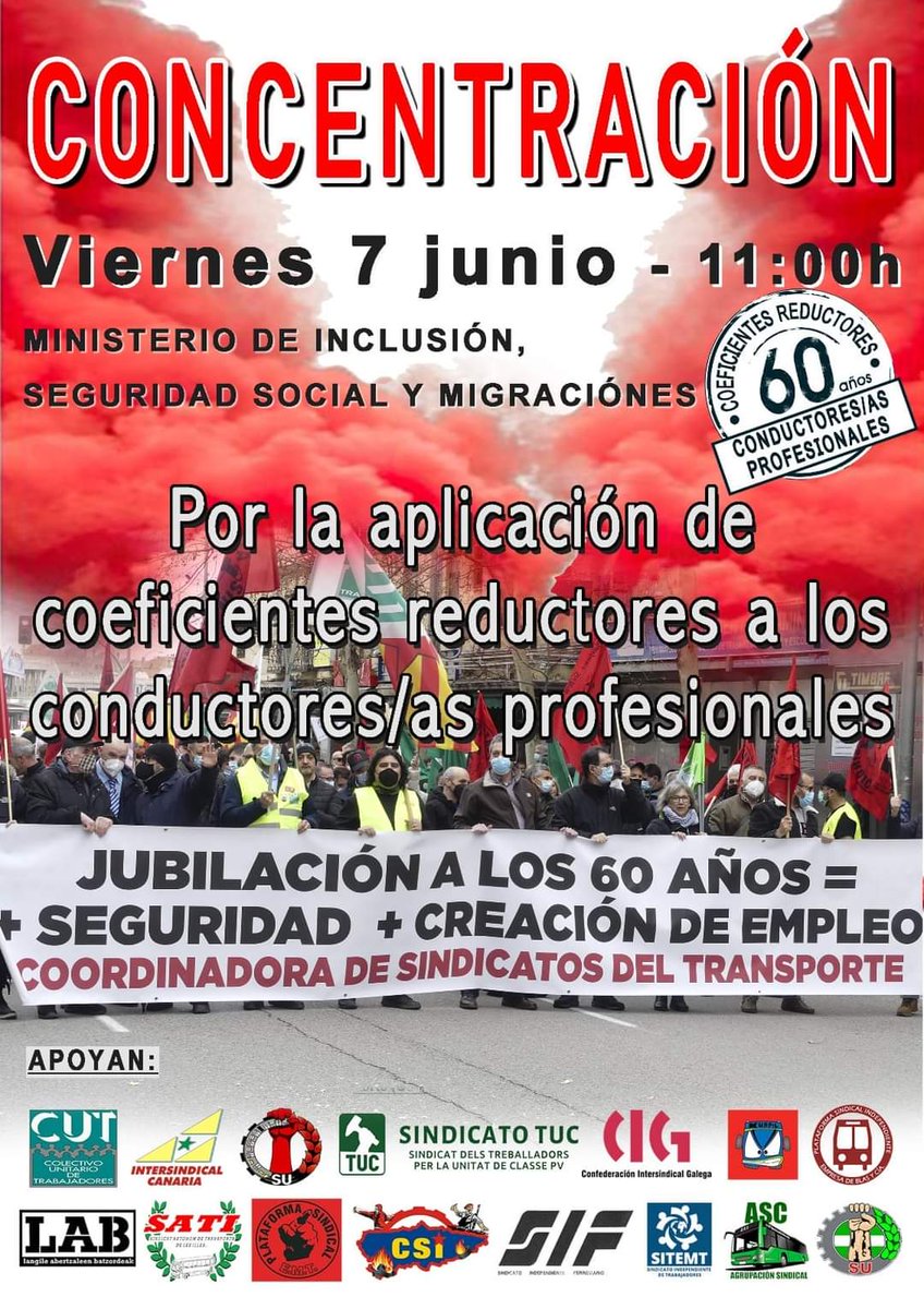 Día 7 de junio, nueva movilización, en esta ocasión en Madrid, reivindicando la aplicación de coeficientes reductores, a los conductores profesionales en el sector del transporte, para que a los 60 años nos jubilemos con el cien por cien. La <a href="/COORDINADORACST/">CST</a> allí estaremos💪💪✊