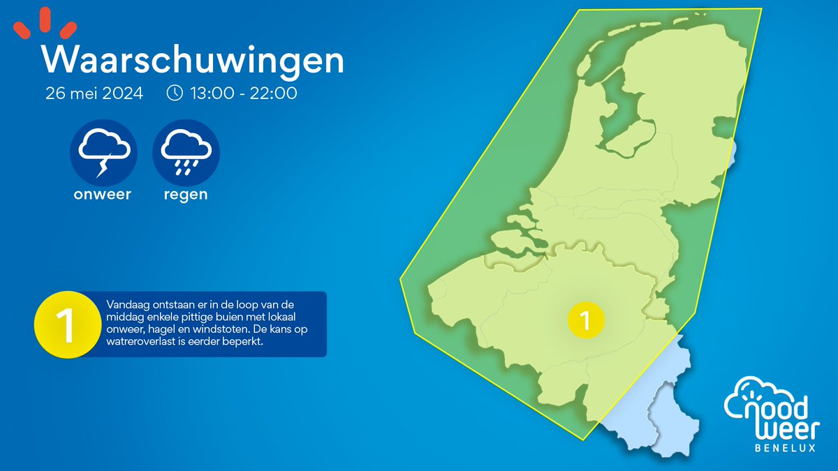 Goedemorgen! Vandaag verloopt op veel plaatsen opnieuw sterk wisselvallig met vooral in de loop van de namiddag kans op #buien met lokaal #onweer, #hagel en #windstoten. De kans op wateroverlast is iets kleiner door de hoge treksnelheid van de buien. Meer info over de