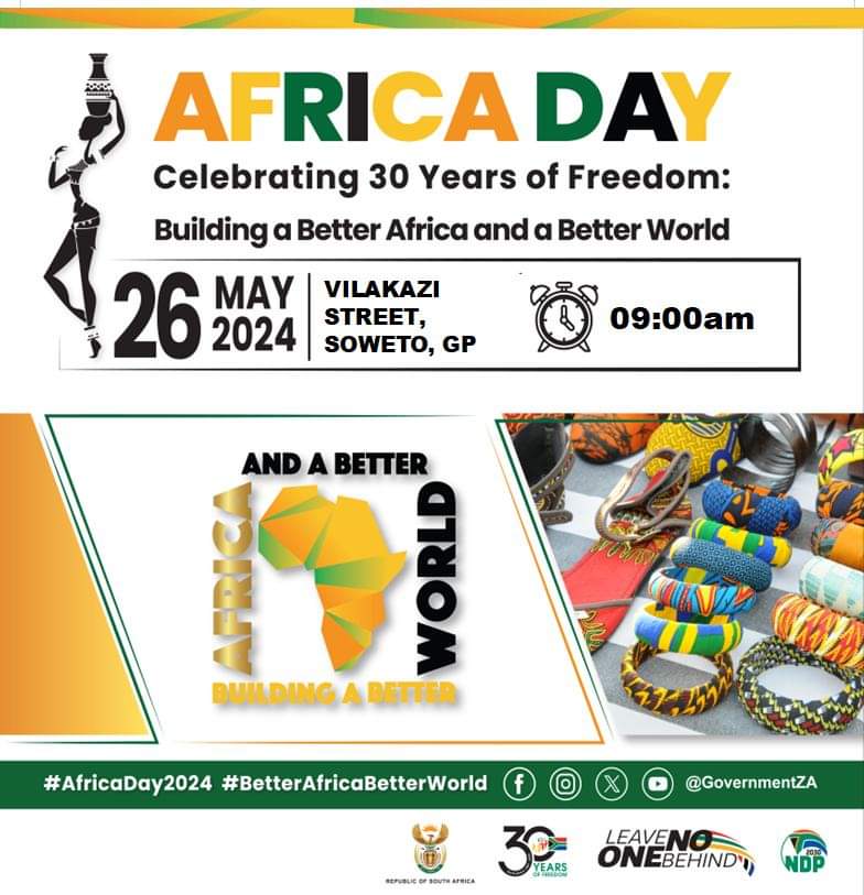 Wozani maÁfrica Amahle, join us as we continue to celebrate Africa Day this morning, 26 May at Vilakazi Street, Soweto.

Wear your African Attire as we showcase our vibrant cultures!

#AfricaDay2024
#AfricaDay
#AfricaMonth2024
#AfricaMonth
#BetterAfricaBetterWorld
#Freedom30