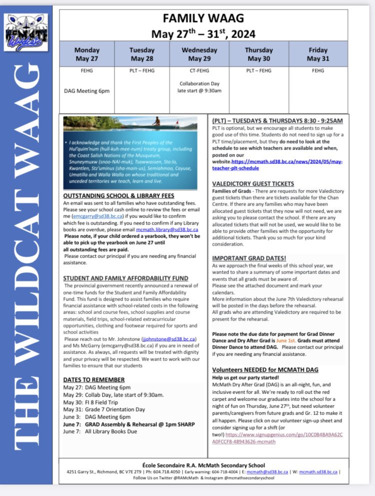 Wildcats, check out the WAAG for May 27th - 31st.
#WeekAAGlance
#PLT
#CollabDay
#FI8Fieldtrip
#Gr7OrientationDay
#lastweekofMay
#wildcats
#McMathPRIDE