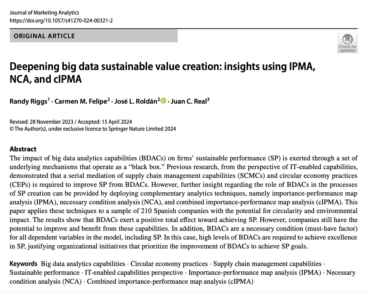 jlroldan67's tweet photo. Cómo combinar #IPMA, #NCA y #cIPMA en un único estudio:
Riggs, R., Felipe, C. M., Roldán, J. L., &amp; Real, J. C. (2024). Deepening big data sustainable value creation: insights using IPMA, NCA, and cIPMA. Journal of Marketing Analytics. https://t.co/HbxP1LSBzB https://t.co/yCqDhU63NZ