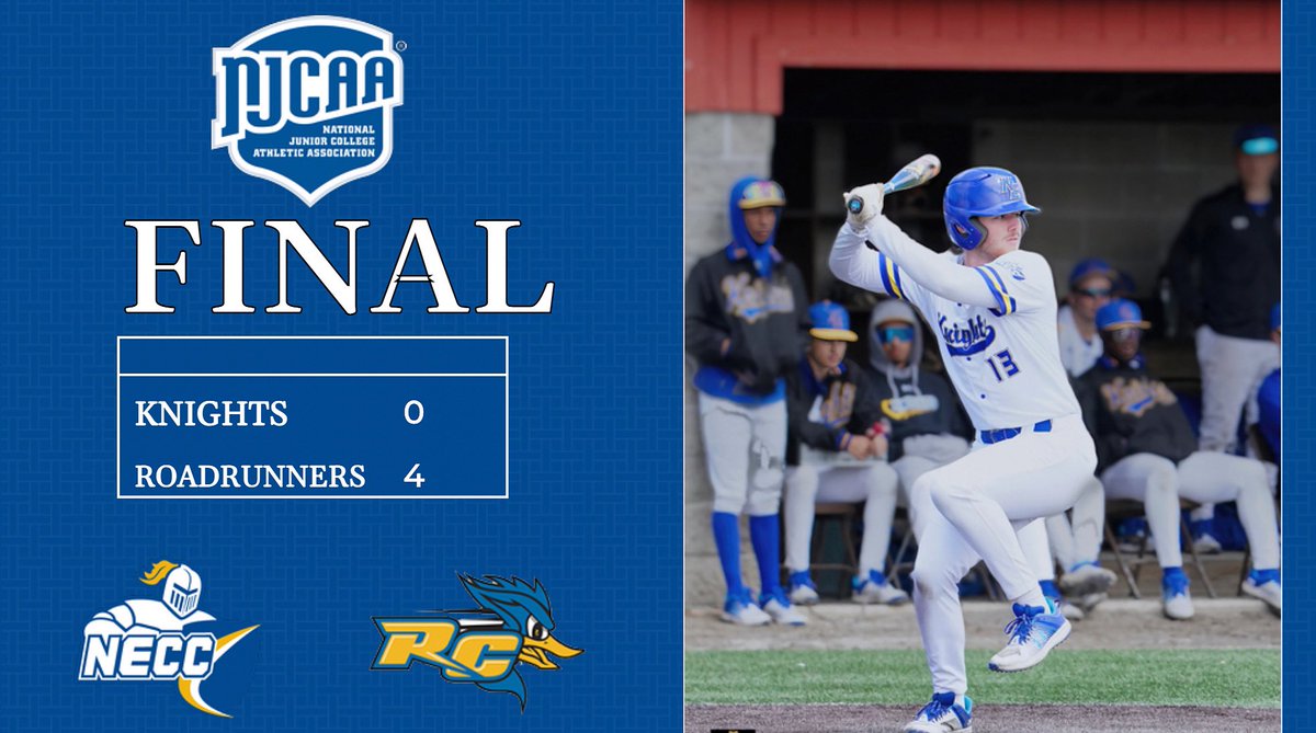 Knights drop game 1 to RCSJ- Gloucester.

After 6 scoreless innings, the Roadrunners score 2 runs in the 7th and 8th innings to secure today’s win over NECC. 

First pitch for tomorrow’s game is at 12:45pm where NECC will face elimination.