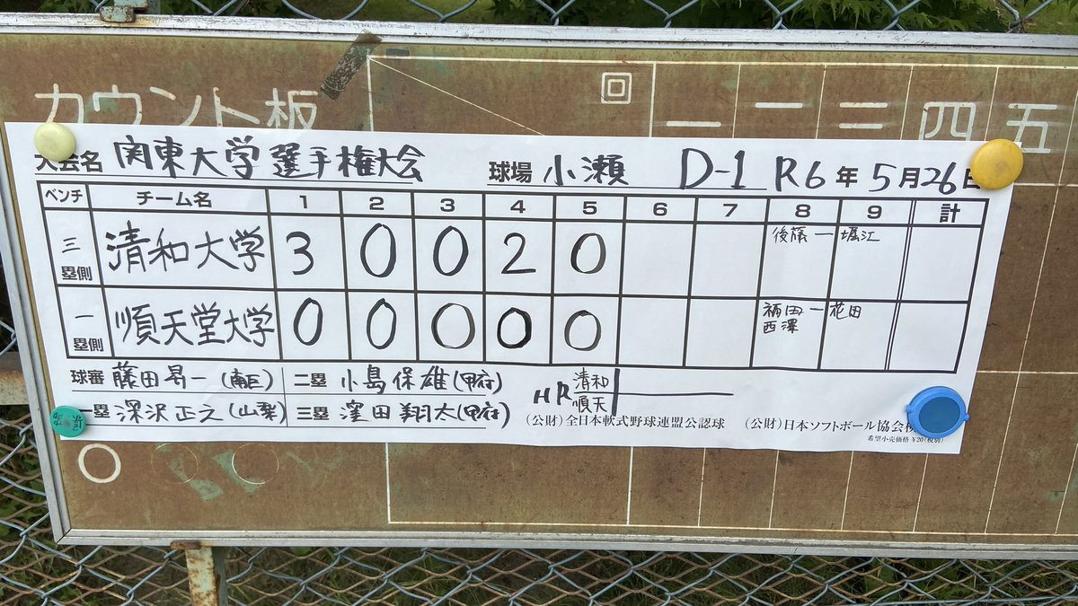 32回関東学生男女ソフトボール選手権大会
兼 第59回インカレ関東予選会(東京都除く)
5月26日(日)

第1試合
D面
順天堂大学ＶＳ清和大学

5回終了し、5-0で清和大学が勝っています！