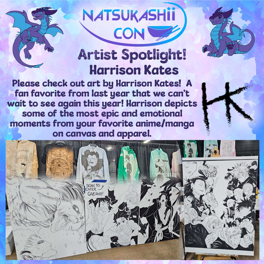 Today we are highlighting <a href="/t00vivid/">Harrison Kates</a>! This is both a shout-out to one of the amazing artists joining us at Natsukashii Con 2024 and a quick mention that they are at @thygeekdomcon for one more day so please check out their booth there too!