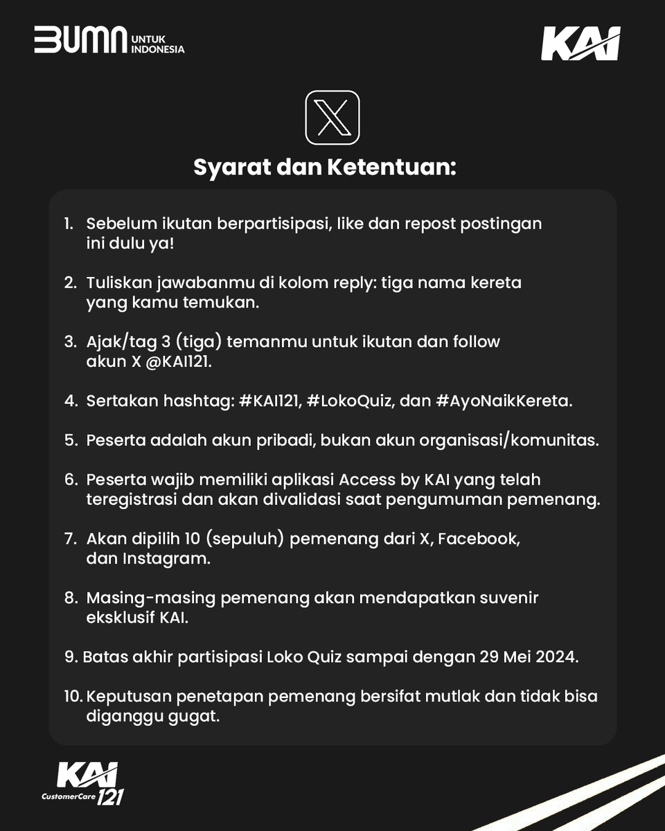 KAI121's tweet photo. 𝗔𝗱𝗮 𝗟𝗼𝗸𝗼 𝗤𝘂𝗶𝘇 𝗟𝗮𝗴𝗶 𝗡𝗶𝗵, 𝗕𝗲𝘀𝘁𝗶𝗲! 🎉

Guys, long weekend hampir selesai, terus gabut mau ngapain? Mending ikutan Loko Quiz Cari Nama Kereta! 🥳 

Cukup jawab di kolom komentar: tiga nama kereta yang kalian temukan pada gambar susunan kata tersebut, Bestie! 😉

Nah, jangan lupa syarat dan ketentuannya ya, siapa tau kamu yang beruntung dan dapet suvenir eksklusif dari KAI nih! 🎁

Good luck yaa! 🫰🏻

#KAI121 
#LokoQuiz 
#AyoNaikKereta 
#KeretaApiIndonesia