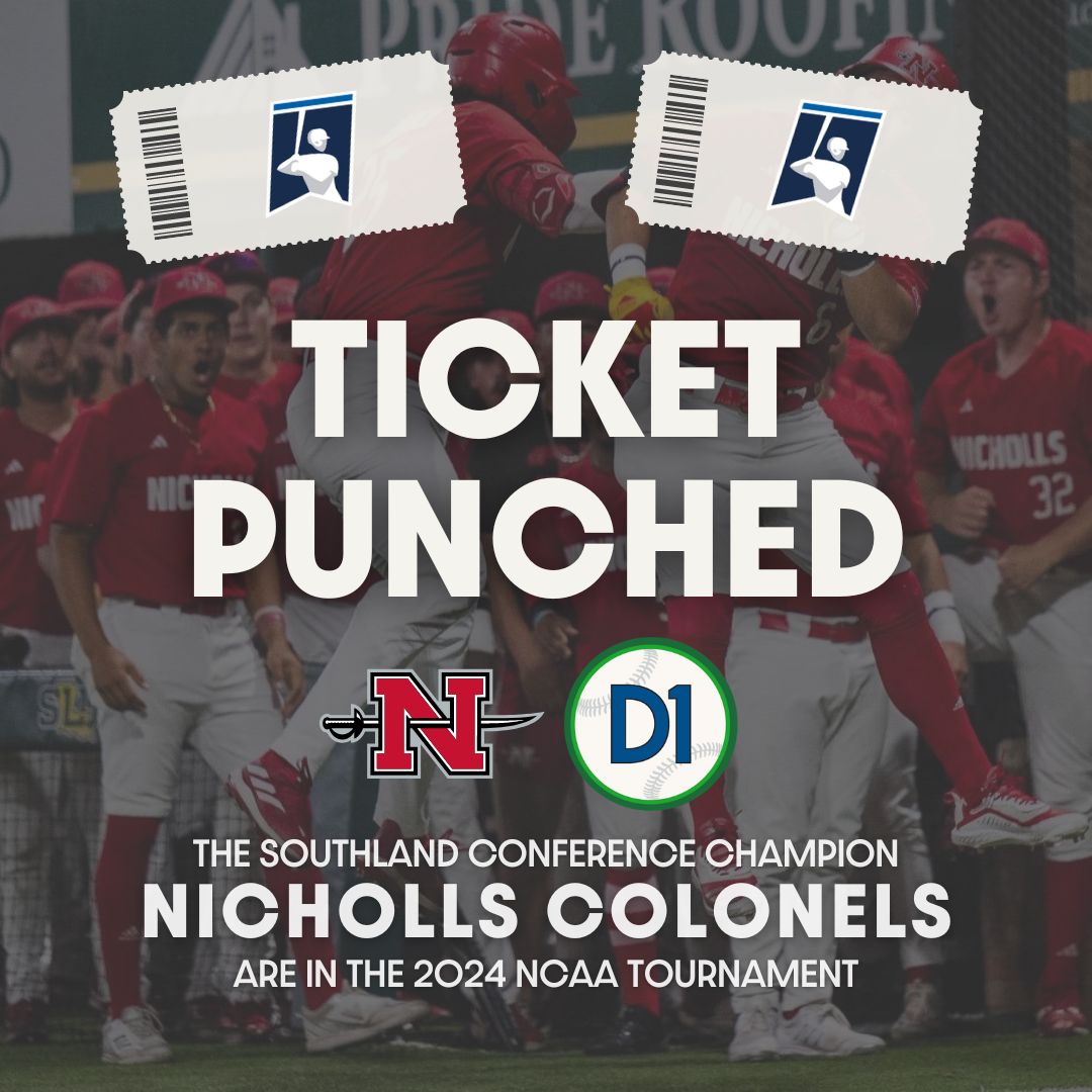 d1baseball's tweet photo. 🎟 𝐓𝐈𝐂𝐊𝐄𝐓 𝐏𝐔𝐍𝐂𝐇𝐄𝐃 🎟

For the fifth time in program history and second season in a row, @Nicholls_BSB is NCAA tournament bound!

🔗 https://t.co/oIAy7xKqsy https://t.co/v4wiGUzTm5
