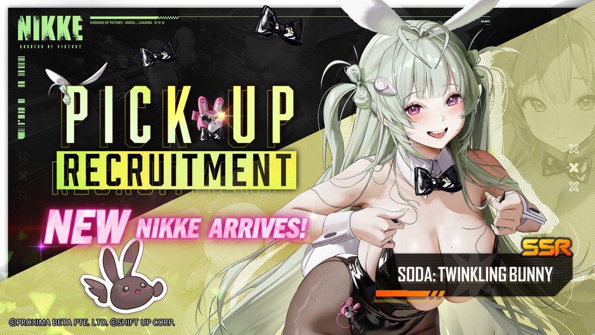 NIKKE_en's tweet photo. 【Pick Up Recruitment Notice】

A new Nikke 「Soda: Twinkling Bunny」 is coming soon~

「Soda: Twinkling Bunny」 Pick Up recruitment begins simultaneously!

Stay tuned!

#NIKKE
#SodaTwinklingBunny https://t.co/AJEKu1J1rM
