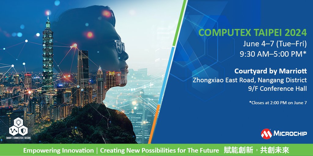 Visit us at Computex Taipei 2024, June 4-7, 2024 to explore our latest technologies. Meet our technical experts between 9:30 a.m. and 5:00 p.m. to discuss how we can enhance your next design. More: mchp.us/3JvGFD9. #Computex #EmpowerInnovation #Computing #EMobility #IoT