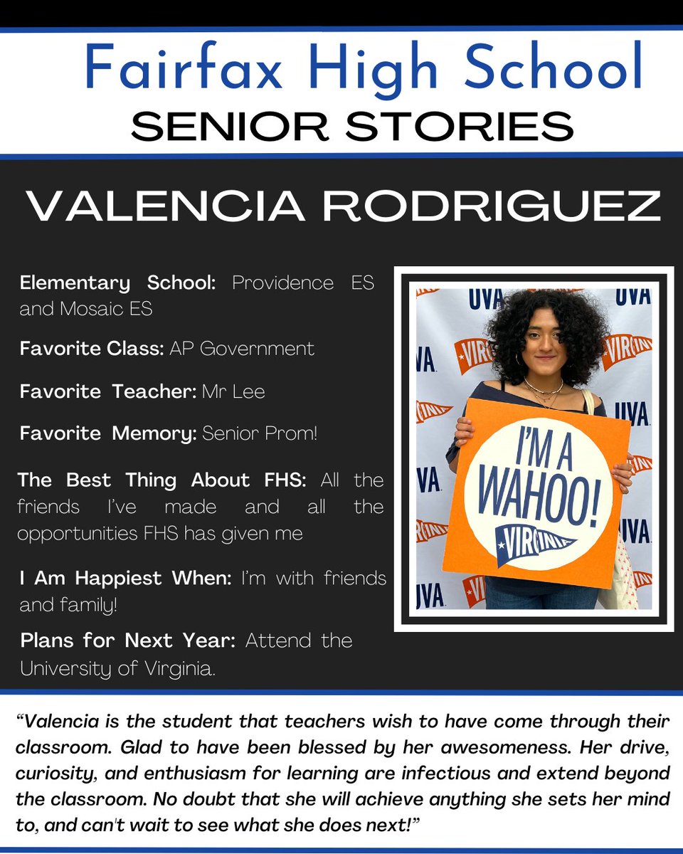 Today’s senior is Valencia Rodriguez! Valencia is a <a href="/ProvidenceES/">Providence Panthers</a> and Mosaic ES alumni. Next year she will attend the University of Virginia. Congratulations and good luck Valencia! To see all our seniors, check out our website bit.ly/fairfaxseniors