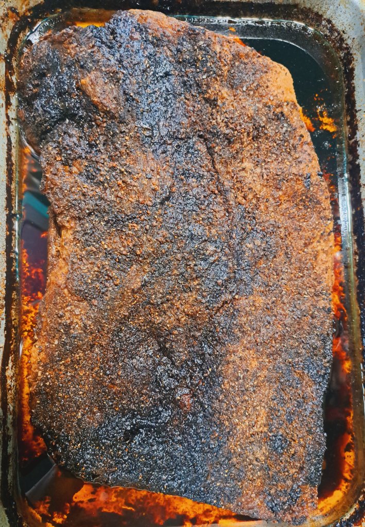 FBGBakes's tweet photo. After 18 hours, this brisket is ready to go. Have some Knott's Berry Farm boysenberry BBQ sauce for dipping if I'm feeling fun (I am). Watching a Twilight Zone marathon while I eat. Winning vibes no matter what.
#PadresMeatTwitter https://t.co/v9AOYRIKP5