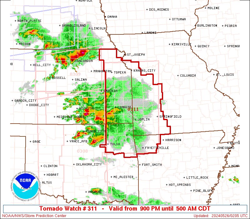 NWSSPC's tweet image. 9:06pm CDT #SPC_Watch WW 311 TORNADO AR KS MO OK 260200Z - 261000Z, #arwx #kswx #mowx #okwx, spc.noaa.gov/products/watch…