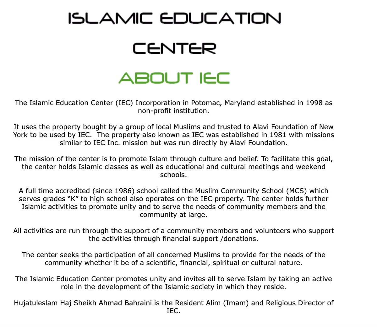 The Islamic Education Center in Maryland has links to the Alavi Foundation which is controlled by the Mostazafan Foundation in #Iran that is sanctioned under Executive Order 13876.