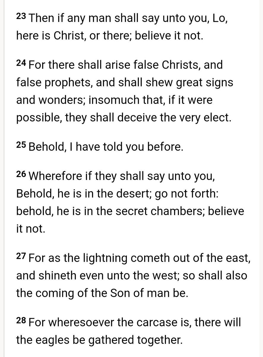 HolyTrinity_Now's tweet image. Matthew 24: 23-28 (KJV, CJB)

Commentary

Don't believe in Saints, Prophets &amp;amp; Messiahs proclaimed by men

Jesus forewarned his Chosen Disciples to not believe in anyone who claimed that they saw Jesus or know where Jesus was. Where there's dead bodies, you will find the vultures