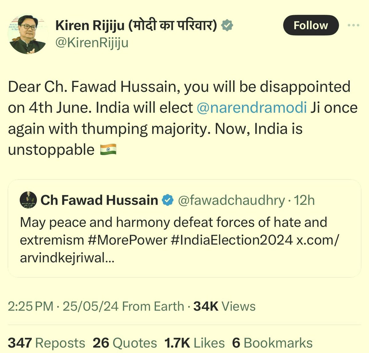 Without naming anyone Fawad bhai merely wished that forces of Peace would defeat forces of Hate. Pappu Rijiju jumps in and asserts that Fawad will be 'disappointed'. Basically Pappu Rijiju is asserting that Modi will win and Harmony will lose... Self Goal? 😐😐