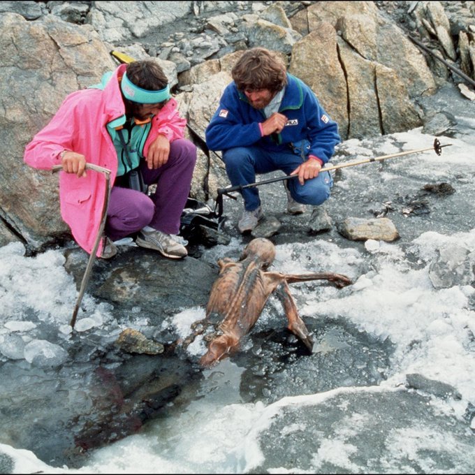 Collection of some interesting images and stories [Thread 🧵👇] 1. while hiking in the Ötztal Valley in the Alps (1991), German hikers Erika and Helmut Simon stumbled upon a remarkably preserved mummy, later named Ötzi, which had been encased in ice for over 5,300 years