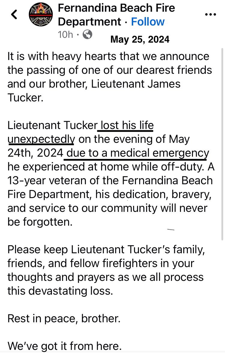 “Disinformation is deadly - Vaccines save lives”

“Lieutenant Tucker lost his life unexpectedly due to a medical emergency he experienced at home while off-duty.”
(May 2024)

#diedsuddenly #fullyvaccinated