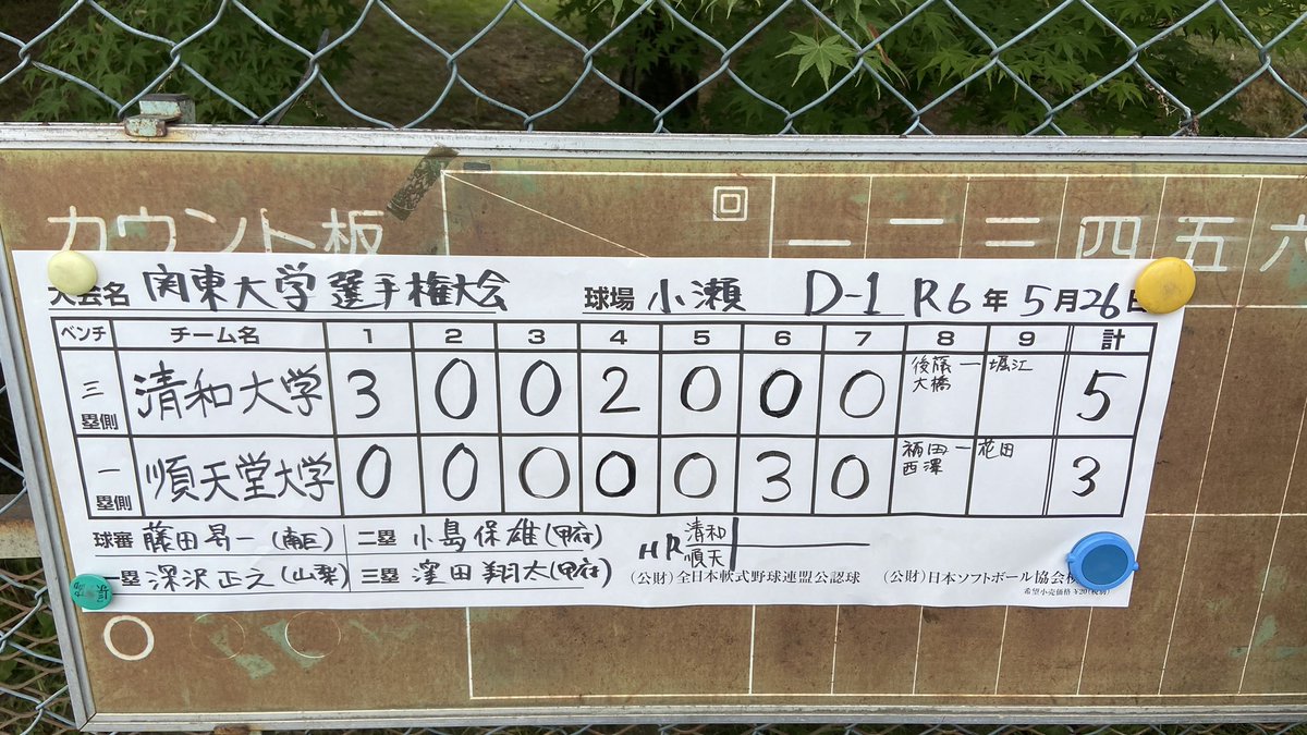 32回関東学生男女ソフトボール選手権大会
兼 第59回インカレ関東予選会(東京都除く)
5月26日(日)

第1試合
D面
順天堂大学ＶＳ清和大学

7回が終了し、5-3で清和大学が勝ちました！