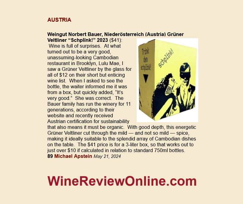 In his review of Norbert Bauer 2023 “Schplïnk!” Grüner Veltliner from Austria, @MichaelApstein writes
'cut through the mild - and not so mild - spice, making it ideally suitable to the splendid array of Cambodian dishes on the table.'
WineReviewOnline.com/wine_reviews.c… #wine #WinePairing