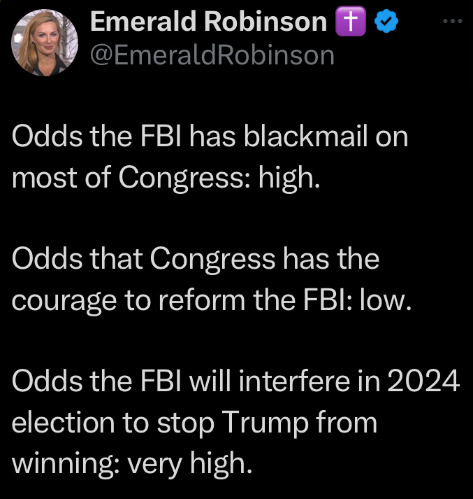 What are the odds, in your opinion, of Congress reforming the FBI from the top down? Emerald makes some predictions 👇