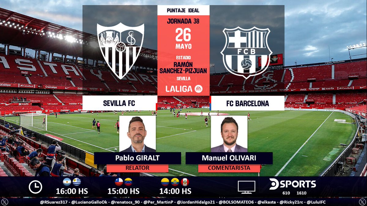 ⚽ #LaLiga 🇪🇸 | #SevillaFC vs. #FCBarcelona 🎙 Relator: @giraltpablo 🎙 Comentarista: @ManuOlivari 📺 @DSports (610-1610) Sudamérica 💻📱@DGO_Latam 🤳 #LaLigaEnDSPORTS - #SevillaFCBarça Dale RT 🔃