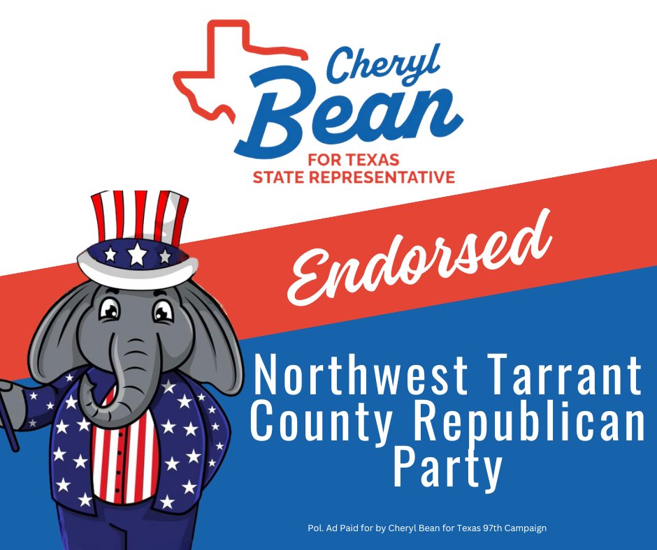 I'm grateful to the Northwest Republican Club for endorsing my campaign. As a lifelong conservative with a 100% Republican record, your support is incredibly meaningful. #Texas97th #txlege #CherylBean #TexasBorderCrisis #MakeTheTexasHouseRepublicanAgain #Election2024 #Runoff
