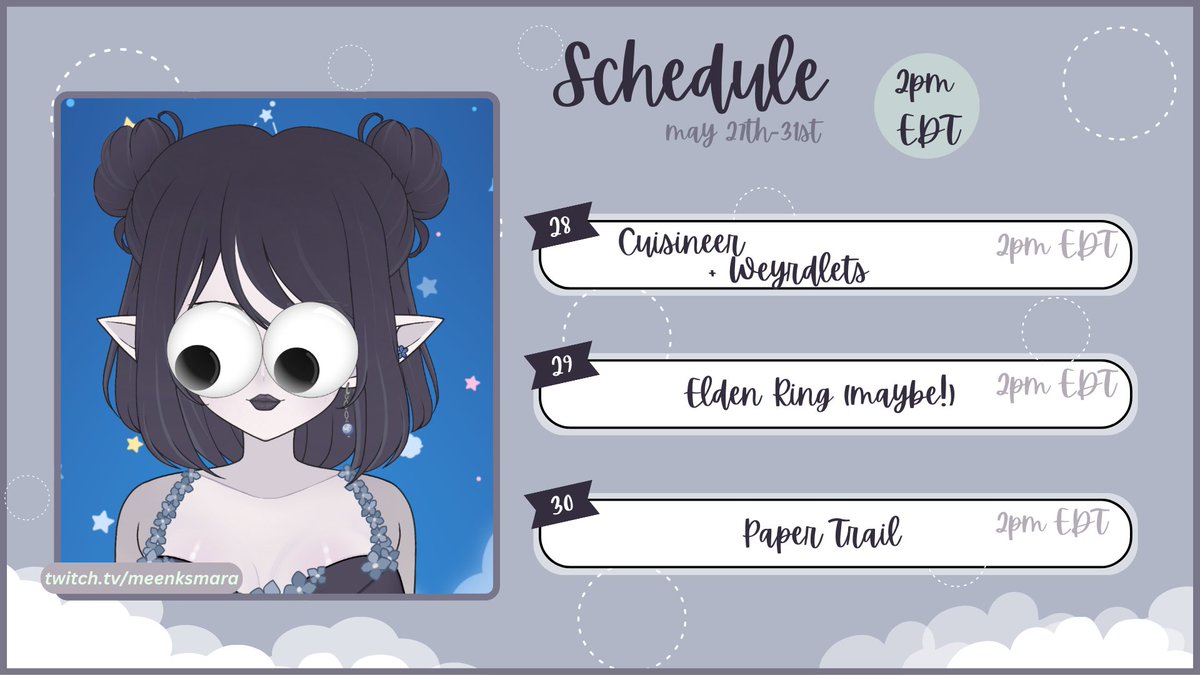 👻schedule!🐸

Tues:
Weyrdlets and Cuisineer!

Wed:
Maybe some Elden Ring o.o

Thurs:
Cont. Paper Trail!♥

All at 2pm eastern!