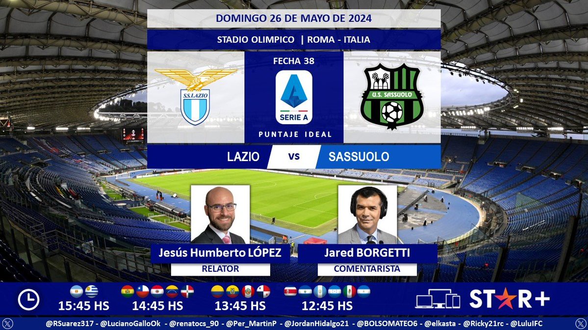 ⚽ #SerieA 🇮🇹 | #Lazio vs. #Sassuolo 🎙 Relator: @Yisus74 🎙 Comentarista: @borgetti58 💻📱 @StarPlusLA Latinoamérica 🤳 #SerieAxESPN - #ESPNenStarPlus - #LazioSassuolo Dale RT 🔃