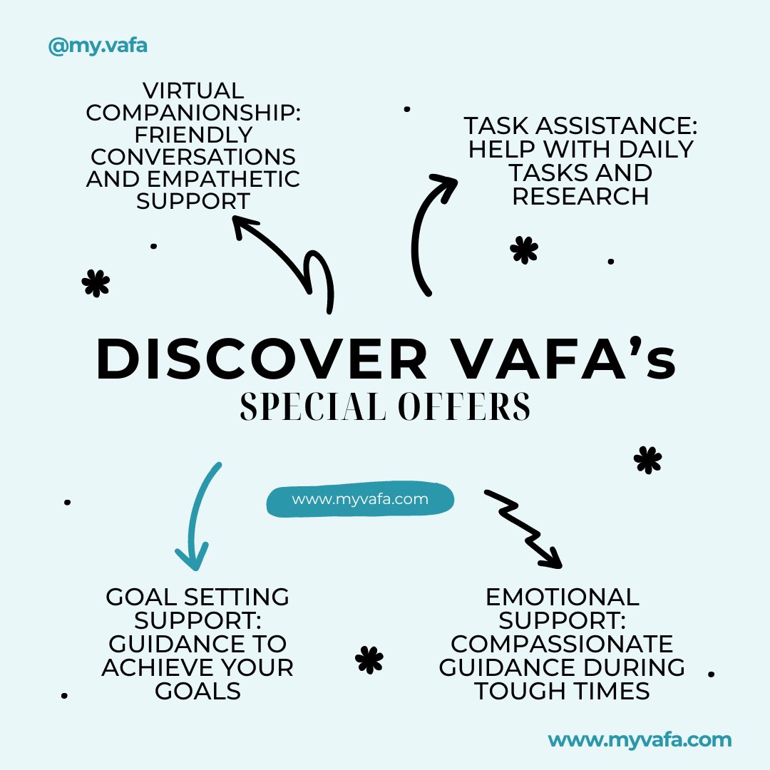 alec_sugar's tweet photo. 🌟 Discover VAFA’s Supportive Services! 🌟

At VAFA, we assist those facing challenges like depression, chronic pain, anxiety, and loneliness. 

#VAFA #SupportServices #MentalHealthSupport #VirtualCompanionship #EmotionalSupport #TaskAssistance #WellBeing https://t.co/ahYMJgyAkc