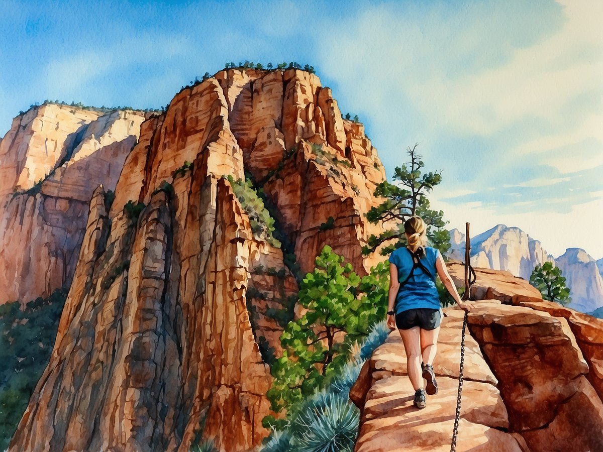 What's the scariest hike you've ever done? This watercolor represents Angel's Landing in Zion National Park ... my choice for scariest. #leonardoai