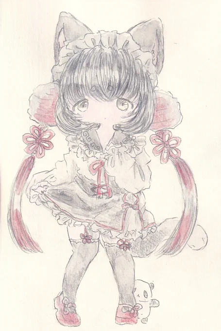きゅんとしてチャイナ。#イラスト #女の子 #ケモミミ #ケモ耳 #アナログ画 