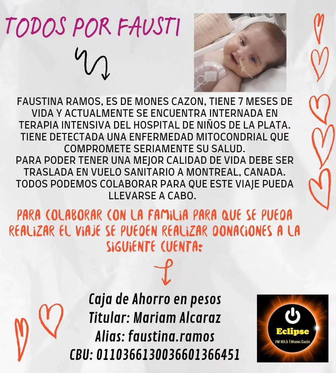 SofiaCanestro's tweet photo. @AngeldebritoOk Angel, podrás compartir esta campaña?. Fausti tiene 7 meses, se le diagnosticó una enfermedad mitocondrial, único caso en Arg actualmente. Se encuentra internada en el hospital de niños de la plata a la espera de poder viajar a Montreal, Canadá y necesita ayuda 🙏💗 https://t.co/78vDgH4iwZ