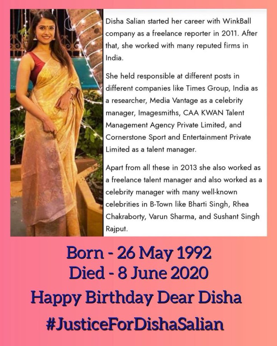 Remembering Disha On Her BDay , a brave girl who pursued her dreams without compromising on her values, lived her life in her own terms for celebrities but nvr fulfilled their immoral/ illegal desires, refused to ignore &walk away! She was brutally k!lled. #JusticeForDishaSalian!