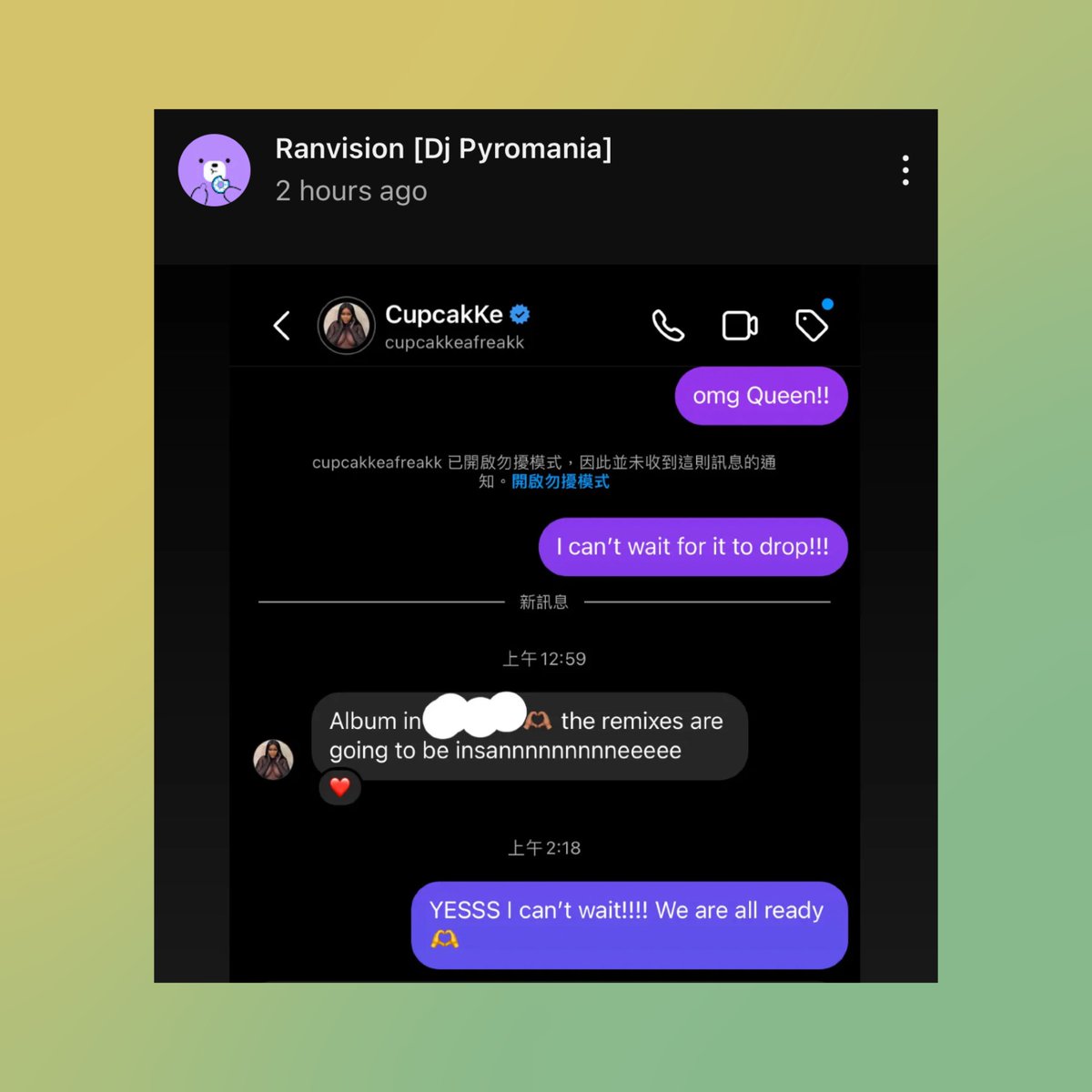 Ranvision, a famous CupcakKe remixer, shares messages with CupcakKe herself, confirming the album has release date set.