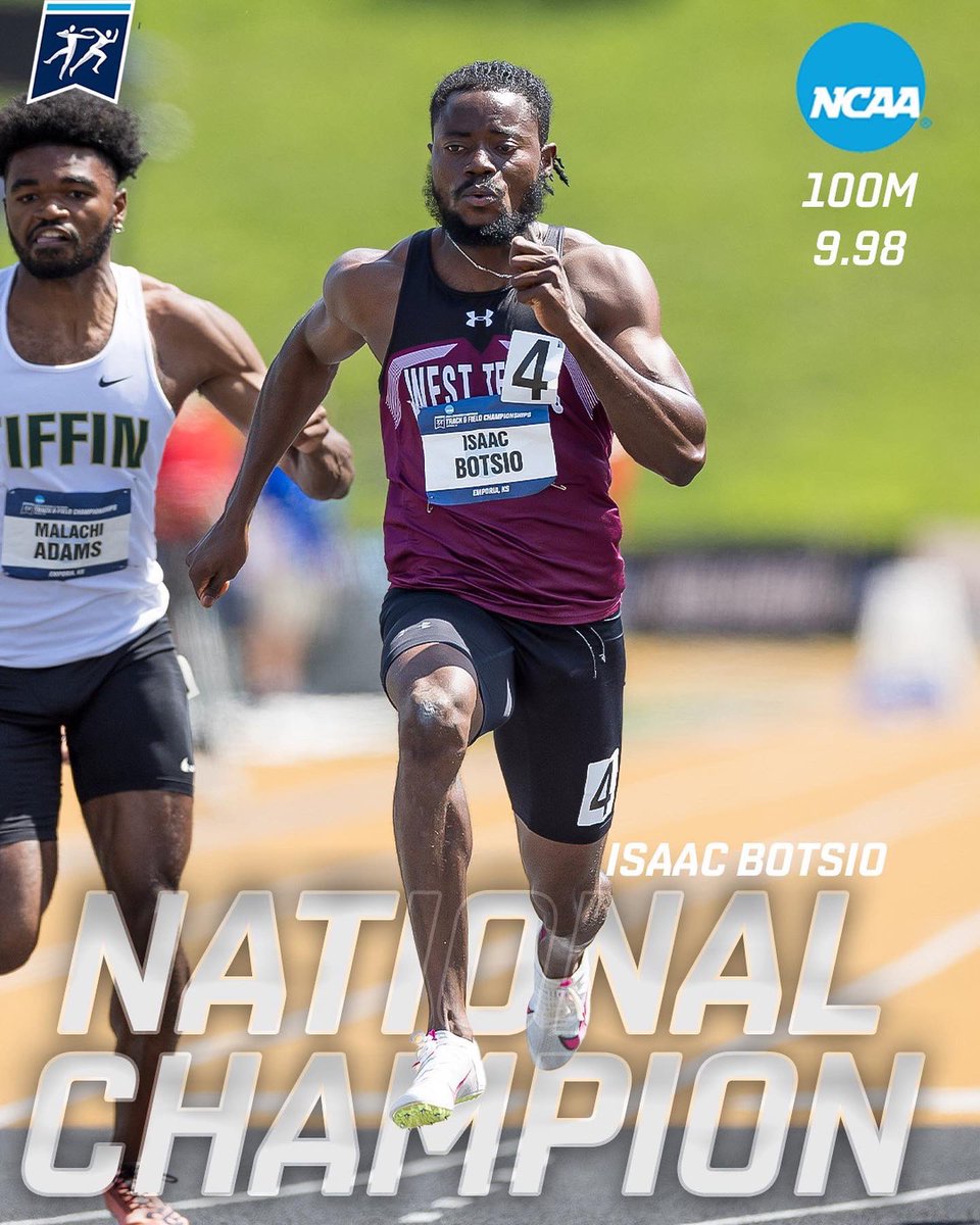 <a href="/BotsioIsaac/">Isaac Botsio</a> is the National Champion in the men’s 100m! 

📊
Fastest 100m national time in WT history 
4th fastest time in WT history 
Ran sub-10 in finals and prelims (9.99/9.98)
2x national champion in one day (100m, 4x100) 

#BuffNation #NCAATF #D2MOTF #NationalChampion #100m
