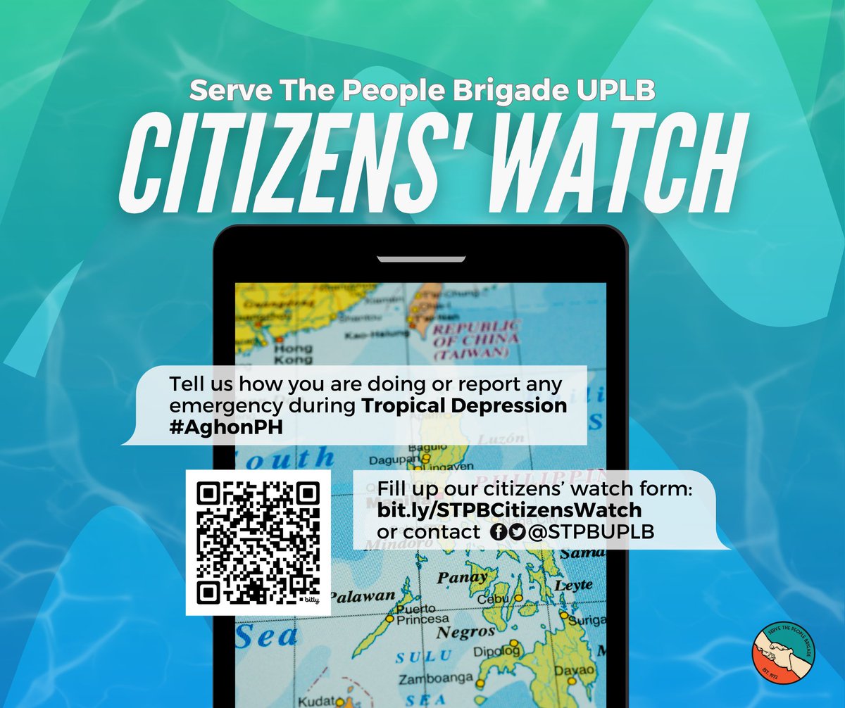 stpbuplb's tweet photo. STPB UPLB CITIZENS' WATCH | Tropical Depression Aghon
Tell us how you are doing and how we can help during Tropical Depression #AghonPH
You can fill up this form https://t.co/N9ktP6MRnv or send us a DM through our social media accounts: @stpbuplb
#STPBRelief https://t.co/5wGs66Rxuo