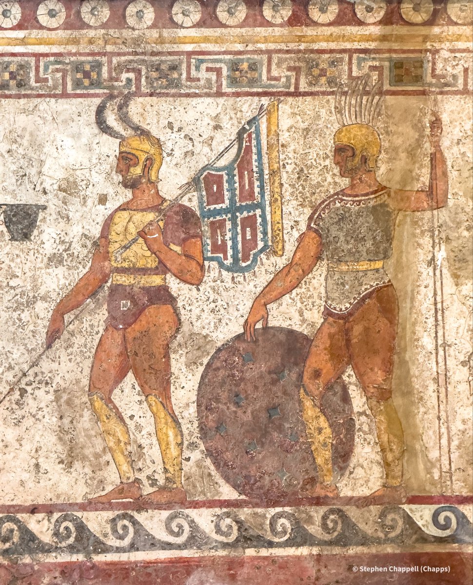 chapps's tweet photo. @DocCrom @p_historians @roamintheempire @DrJEBall @abby_fecit @DariusAryaDigs Oh, and let’s not forget one of the short sides of the tomb, depicting a trapeza (table) with two large hydriai and an oinochoe and, on the floor, eggs and a pomegranate.
Plus a closeup shot of the pantless trend, which I will be bringing back. https://t.co/5OdwouOVgQ