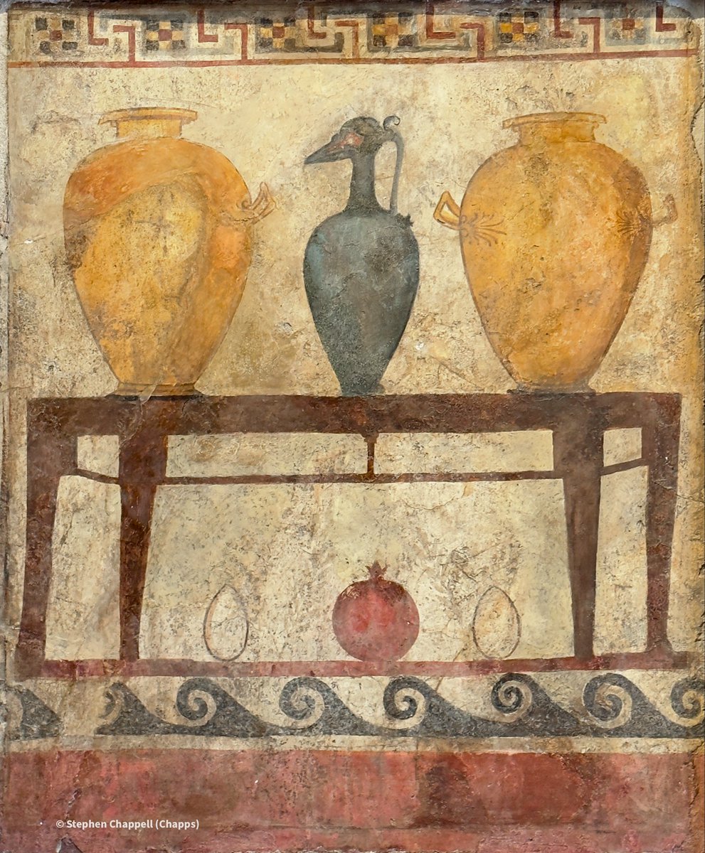 chapps's tweet photo. @DocCrom @p_historians @roamintheempire @DrJEBall @abby_fecit @DariusAryaDigs Oh, and let’s not forget one of the short sides of the tomb, depicting a trapeza (table) with two large hydriai and an oinochoe and, on the floor, eggs and a pomegranate.
Plus a closeup shot of the pantless trend, which I will be bringing back. https://t.co/5OdwouOVgQ