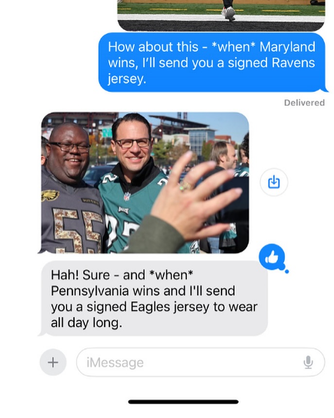 Tomorrow is the Big 33 Football Classic between Maryland and Pennsylvania, so you know I had to text a friend in PA to make a friendly wager... Game on, @GovernorShapiro! Hope you’re looking forward to a @Ravens jersey with my signature on it.